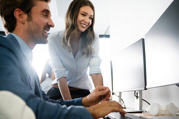Group of multiethnic business people working at busy modern office