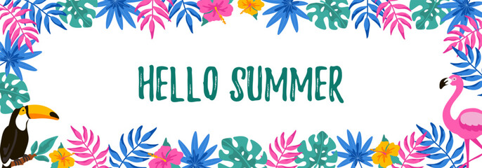 Horizontal summer design with hand drawn elements for banners, letters, invitation, messages, social media, cards. Vector illustration. Space for text. Hello summer lettering © Kseniia