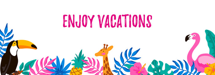 Obraz premium Set of horizontal summer designs with hand drawn elements for banners, letters, invitation, messages, social media, cards. Vector illustration. Space for text. Hello Summer lettering