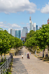 Fototapeta premium Frankfurt am Main, Blick aus der Eckhardtstraße auf die Skyline. 07.07.2020.