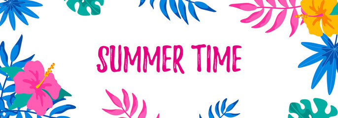Horizontal summer design with hand drawn elements for banners, letters, invitation, messages, social media, cards. Vector illustration. Space for text. Summer time lettering