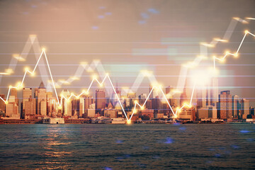 Forex chart on cityscape with tall buildings background multi exposure. Financial research concept.