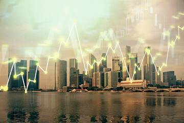 Forex chart on cityscape with tall buildings background multi exposure. Financial research concept.