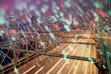 Data theme hologram drawing on city view with skyscrapers background double exposure. Ai concept.