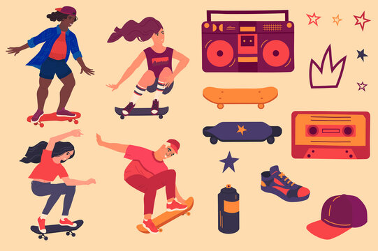 Set with skateboarders, hip hop and skateboarding attributes. Girls, boy riding and jumping on skate, tape recorder, longboard, cassette, sneaker, cap, spray paint, stars, crown isolated flat elements