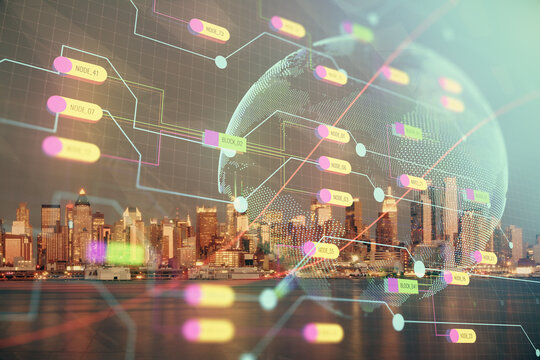 Map and data theme hologram on city view with skyscrapers background double exposure. International technology in business concept.