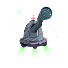 Alien spaceship with spyglass. Open window with telescope. Can be used for topics like ufo, flying saucer, exploration