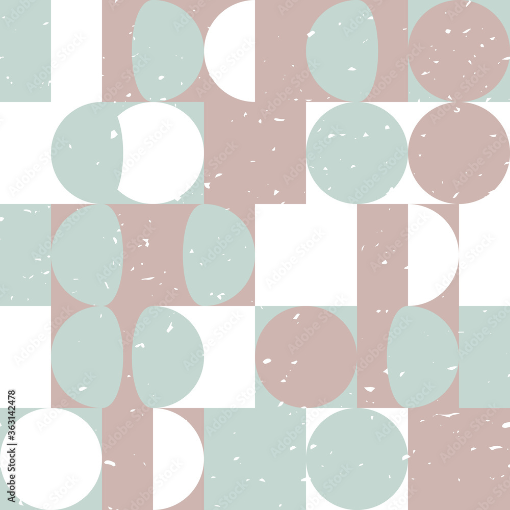Poster Modern vector abstract seamless geometric pattern with semicircles, squares and circles in retro scandinavian style. Pastel colors shapes with worn out texture on white background.