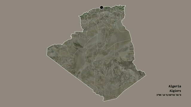 Alger, province of Algeria, with its capital, localized, outlined and zoomed with informative overlays on a satellite map in the Stereographic projection. Animation 3D