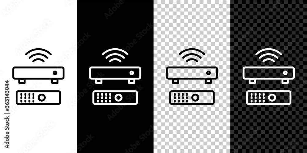 Poster set line wireless multimedia and tv box receiver and player with remote controller icon isolated on 