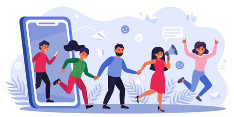 Customers earning money by giving likes, sharing information about referrals. People with thumbs up shouting at megaphone. Vector illustration for refer a friend, marketing, loyalty concept.