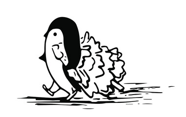 Black and white vector penguin with a Christmas tree is walking in a cartoon style. The cute character of a polar animal preparing for New Year and Christmas.