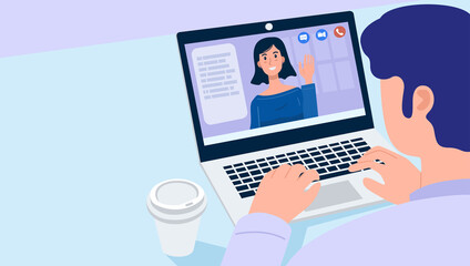 Video conferencing at home, Close-up man having video call meeting with friend at home. Vector