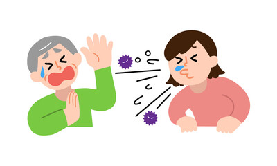 くしゃみする女性と嫌がるシニア男性