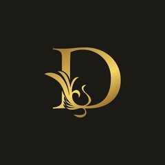 Golden Swirl Ornate Initial Letter D logo icon, vector letter with ornate swirl deco clip art design.