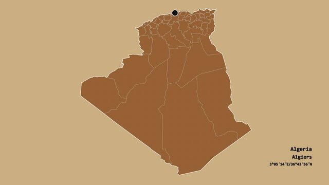 Annaba, province of Algeria, with its capital, localized, outlined and zoomed with informative overlays on a solid patterned map in the Stereographic projection. Animation 3D