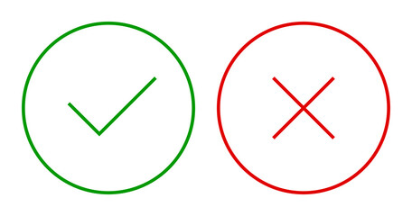 Set of round check and X mark thin line icons, buttons. Tick and cross symbols isolated on a white background. EPS10 vector file