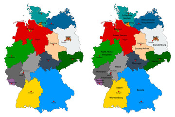 Set of colorful detailed maps of Germany with individual Federal States and their names and capitals isolated on a white background. EPS10 vector file