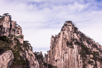 Fototapeta premium Wonderful and curious sea of clouds and beautiful Huangshan mountain landscape in China. 
