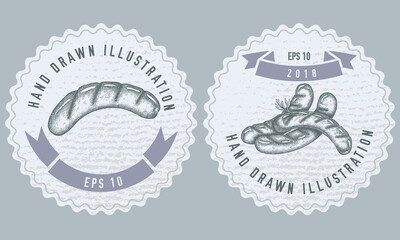 Monochrome labels design with illustration of sausages