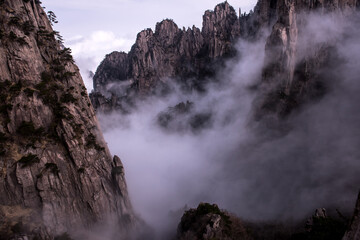Wonderful and curious sea of clouds and beautiful Huangshan mountain landscape in China. 