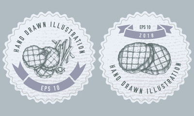 Monochrome labels design with illustration of grilled burger patties