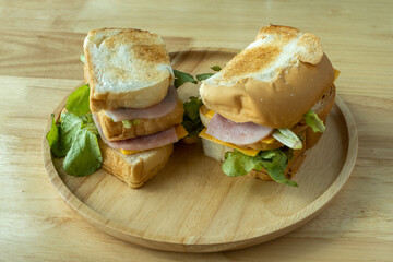 home made sandwich on wood table natural light