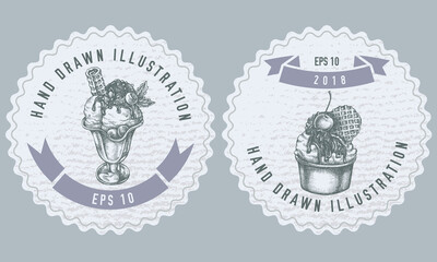 Monochrome labels design with illustration of ice cream bowls