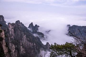 Wonderful and curious sea of clouds and beautiful Huangshan mountain landscape in China. 