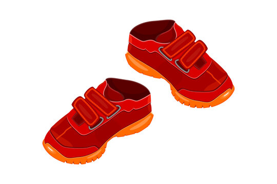 Pair red shoes isolated on white background. Two children or young adult red sneakers with velcro and orange sole. Sport boots. Logo or symbol of childrens shoes. Icon for shoes shop. Stock vector