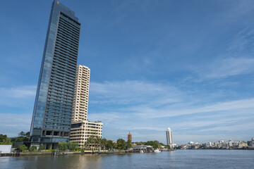 Bangkok,Thailand- 5 July 2020 : Building and city around Chao Phraya River