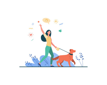 Faceless happy woman walking with dog in park isolated flat vector illustration. Girl with pet on leash strolling at nature and waving. Animal, lifestyle and everyday activity concept
