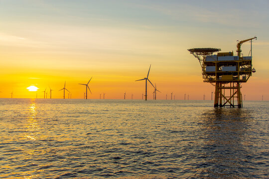 Beautiful sunset at the North Sea offshore wind farm