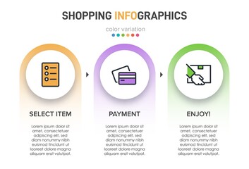 Concept of shopping process with 3 successive steps. Three colorful graphic elements. Timeline design for brochure, presentation, web site. Infographic design layout.