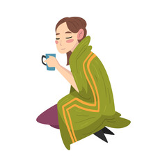 Pretty Girl Sitting Under a Cozy Plaid Enjoying Hot Drink Mug, Young Woman Drinking Beverage Wrapped in Green Blanket Vector Illustration