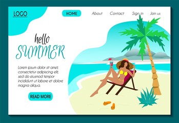 User interface template for summer vacation and tourism web site. Nice girl in a hat sunbathes in a deck chair on the sea beach. Landing page easy to edit. Stock vector flat illustration.