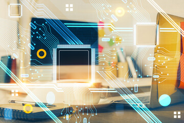 Multi exposure of desktop computer and technology theme hologram. Concept of software development.