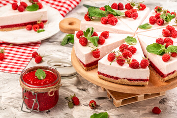 Cheesecake with fresh raspberries for dessert, healthy organic summer berry dessert cheesecake,...