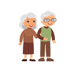 Old caucasian couple. Senior couple smiling and walking together. Elderly woman holds arm of elderly man. Happy married life concept. Vector illustration