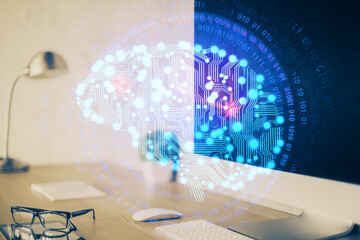 Double exposure of work space with computer and human brain drawing hologram. Brainstorm concept.