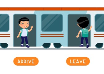 Antonyms concept, ARRIVE and LEAVE. Educational word card with opposites.  Flash card for English studying. Schoollboy getting off train, entering train. Train arrival, departure. Flat vector