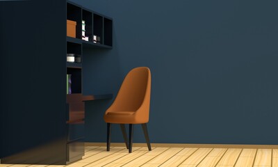 Home workplace interior with black furniture, a blue wall and a laptop. Side view. 3d rendering