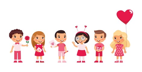 Little boys and girls dating, celebrating Valentines Day flat vector illustration. Young girlfriends and boyfriends isolated cartoon characters set. Children with February 14 presents