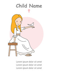 Invitation my first communion girl. Little girl with white dove. Isolated vector	