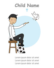 Invitation my first communion boy. Boy with white dove. Isolated vector