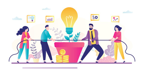 Business competition concept banner. Two groups of business people pull rope. Team building, brainstorming, business persons working together.