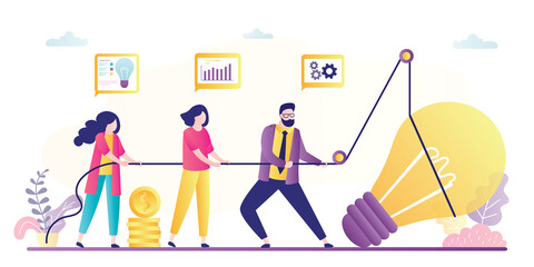 Business team with rope raise idea bulb. Innovation and creativity in business. Office people working together. Teamwork and brainstorming © Marina