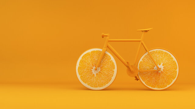 Health concept bike with orange wheels 3d rendering background
