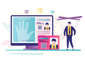Fingerprints on the screen, digital id passport with qr code. Total digital control over people, male character puppet.
