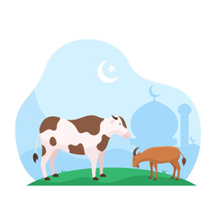 Eid Al Adha islamic holiday the sacrifice of livestock animal poster background design. Cow and goat at mosque courtyard for qurban vector illustration